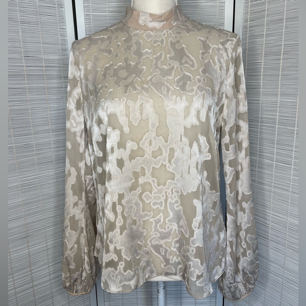 Babaton Blouse Granados Sheer Burnout Mock Neck Long Sleeve Button Back Size M